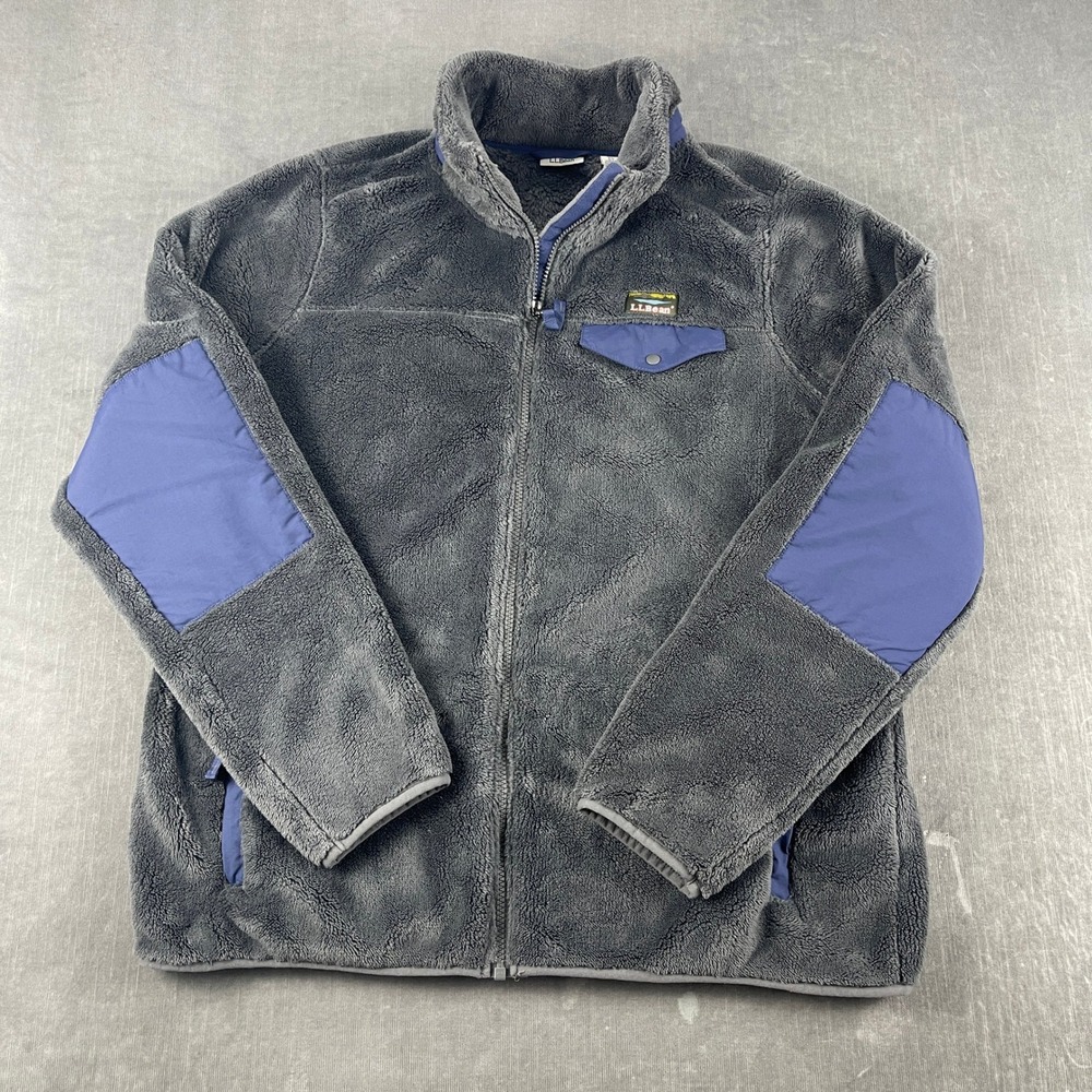 L.L. Bean Mens XL Gray Blue Fleece Jacket Full Zip Elbow Patch Hi-Pile